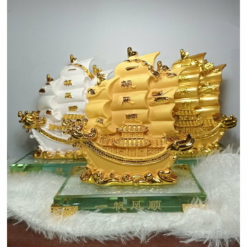 เรือสำเภา หัวมังกร เรือมังกร ทรายทอง/ทองเงา/ขาว สูง 5.5 นิ้ว เรซิ่น การค้าขายรุ่งเรือง เสริมการค้า ของมงคลเสริมฮวงจุ้ย